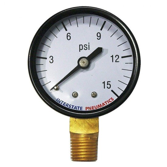 Pressure Gauge 15 PSI 2 Inch Diameter1/4 Inch NPT Bottom Mount - Click Image to Close