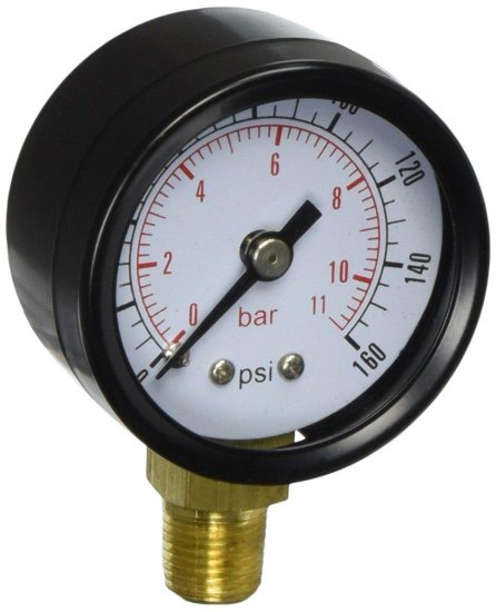 Pressure Gauge, Lower Mount, 1-1/2" Dial, 0-160 PSI, 1/8" NPT - Click Image to Close