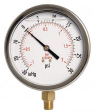 4" Oil Filled Vacuum Pressure Gauge - Stainless Steel Case, Brass, 1/4" NPT, Lower Mount Connection