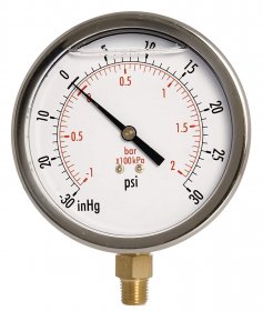 4" Oil Filled Vacuum Pressure Gauge - Stainless Steel Case, Brass, 1/4" NPT, Lower Mount Connection