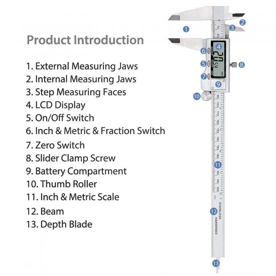 Digital Vernier Caliper Stainless Steel Electronic Caliper Fractions/inch/Metric Conversion Measuring Tool - Click Image to Close