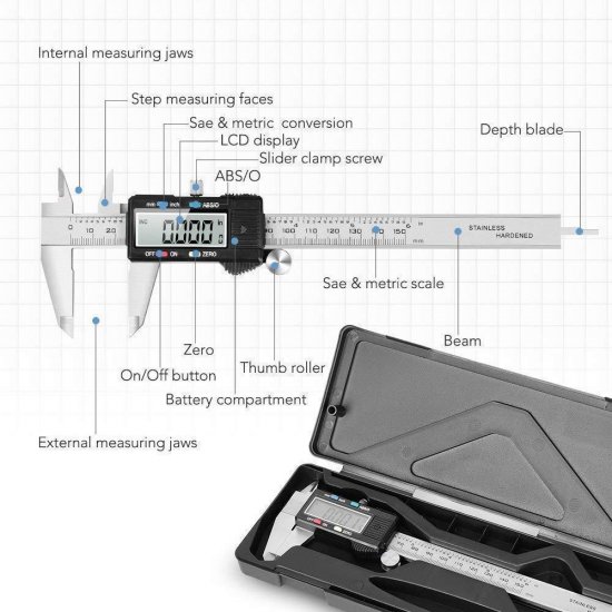 Measuring Tool, Digital Caliper with ABS/0 Button, IP54 Waterproof Micrometer Caliper Digital Stainless Steel Body - Click Image to Close