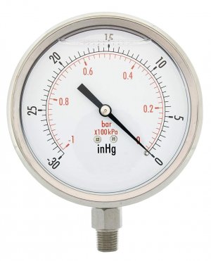 4" All Stainless Steel Oil Filled Vacuum Pressure Gauge - 1/4" NPT Lower Mount, 30HG/0PSI