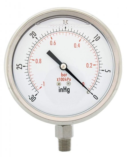 4" All Stainless Steel Oil Filled Vacuum Pressure Gauge - 1/4" NPT Lower Mount, 30HG/0PSI - Click Image to Close