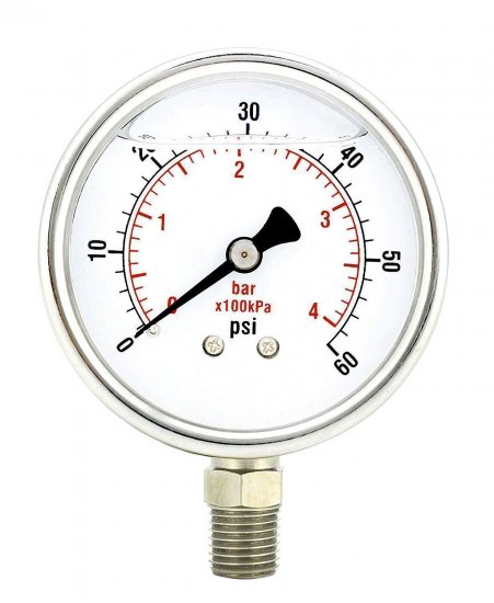 2" Pressure Gauge, Stainless Steel Case, Chrome Plated Brass Connection, Lqiuid Filled, 0-60 psi/kPa, Lower Mount 1/4" NPT - Click Image to Close