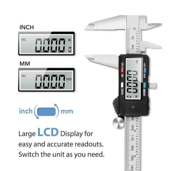 Measuring Tool, Digital Caliper with ABS/0 Button, IP54 Waterproof Micrometer Caliper Digital Stainless Steel Body - Click Image to Close