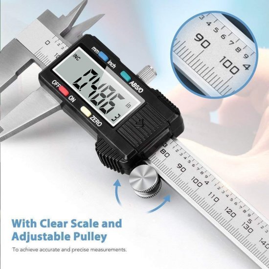 Measuring Tool, Digital Caliper with ABS/0 Button, IP54 Waterproof Micrometer Caliper Digital Stainless Steel Body - Click Image to Close