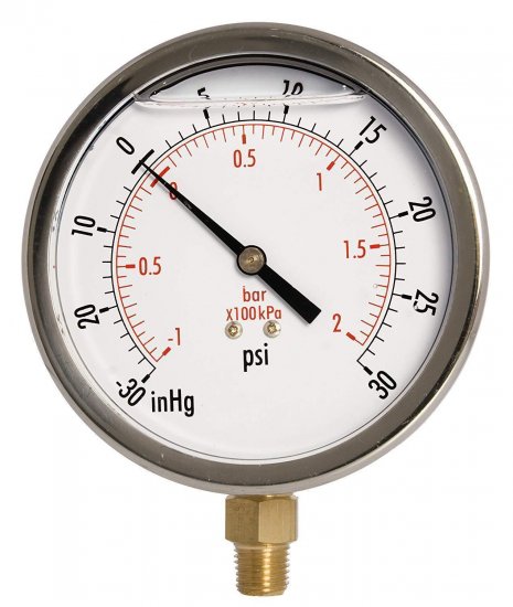 4" Oil Filled Vacuum Pressure Gauge - Stainless Steel Case, Brass, 1/4" NPT, Lower Mount Connection - Click Image to Close