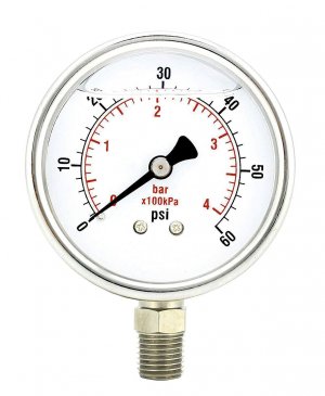 2" Pressure Gauge, Stainless Steel Case, Chrome Plated Brass Connection, Lqiuid Filled, 0-60 psi/kPa, Lower Mount 1/4" NPT